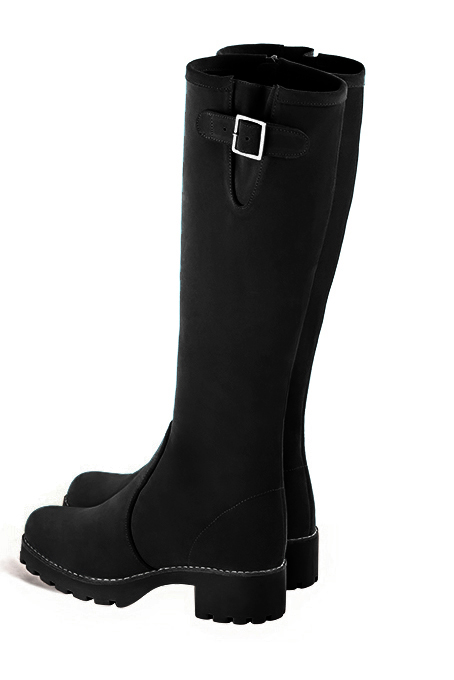Women's pitch black custom-made buckle knee-high boots with  and  - Profile view
